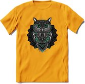 Uil - Dieren Mandala T-Shirt | Aqua | Grappig Verjaardag Zentangle Dierenkop Cadeau Shirt | Dames - Heren - Unisex | Wildlife Tshirt Kleding Kado | - Geel - XL