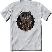 Uil - Dieren Mandala T-Shirt | Oranje | Grappig Verjaardag Zentangle Dierenkop Cadeau Shirt | Dames - Heren - Unisex | Wildlife Tshirt Kleding Kado | - Licht Grijs - Gemaleerd - M