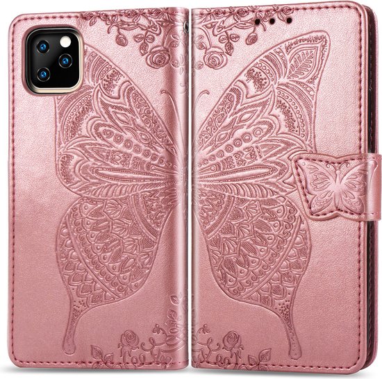 Étui rose à relief papillon et fleurs, fermé.