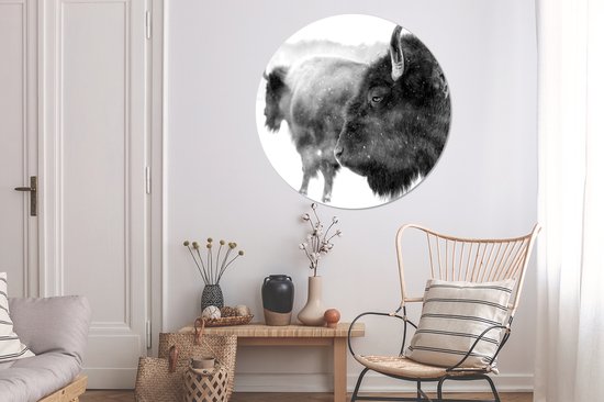 WallCircle - Wandcirkel - Muurcirkel - Bizons in sneeuw - zwart wit - Aluminium - Dibond - ⌀ 140 cm - Binnen en Buiten