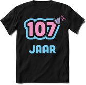 107 Jaar Feest kado T-Shirt Heren / Dames - Perfect Verjaardag Cadeau Shirt - Licht Blauw / Licht Roze - Maat 3XL