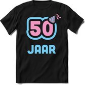 50 Jaar Feest kado T-Shirt Heren / Dames - Perfect Verjaardag Cadeau Shirt - Licht Blauw / Licht Roze - Maat 3XL