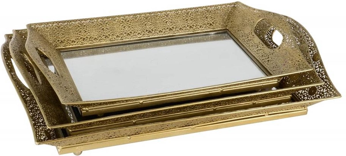 Arabic ijzer met glas dienbladset goud 52x35x8 cm- set van 3 stuks