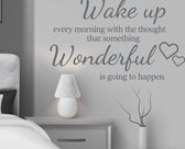 Stickerheld - Muursticker "Wake up every morning that something wonderful is going to happen" Quote - Slaapkamer - Hartjes - Engelse Teksten - Mat Donkergrijs - 41.3x66.2cm