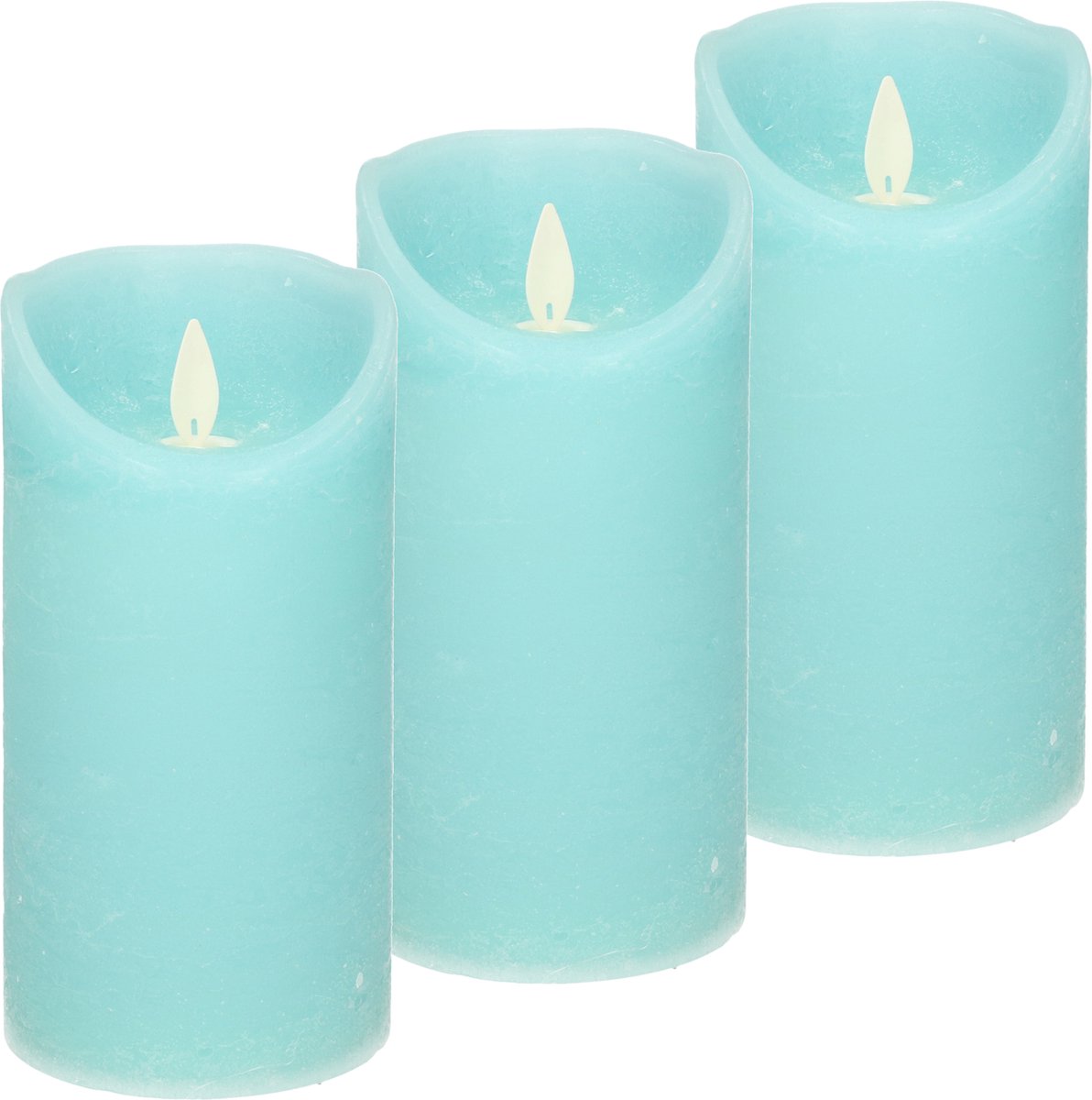 Anna's Collection 3x Aqua blauwe LED kaarsen stompkaarsen 15 cm Luxe kaarsen op batterijen met bewegende vlam