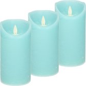 3x Aqua blauwe LED kaarsen / stompkaarsen 15 cm - Luxe kaarsen op batterijen met bewegende vlam