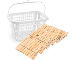 Wasknijpers verzamelen kunststof wit mandje met haak en 150x stuks houten knijpers 7.5 cm - Was ophangen