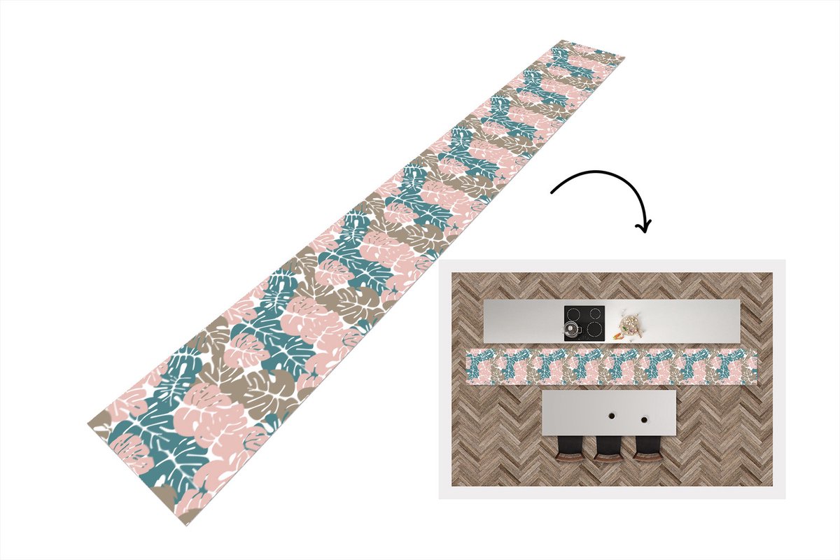 KitchenYeah Keukenloper - Keukenmat - Monstera - Jungle - Patronen - Pastel - Bladeren - 400x50 cm - Keuken vloerkleed Multicolor