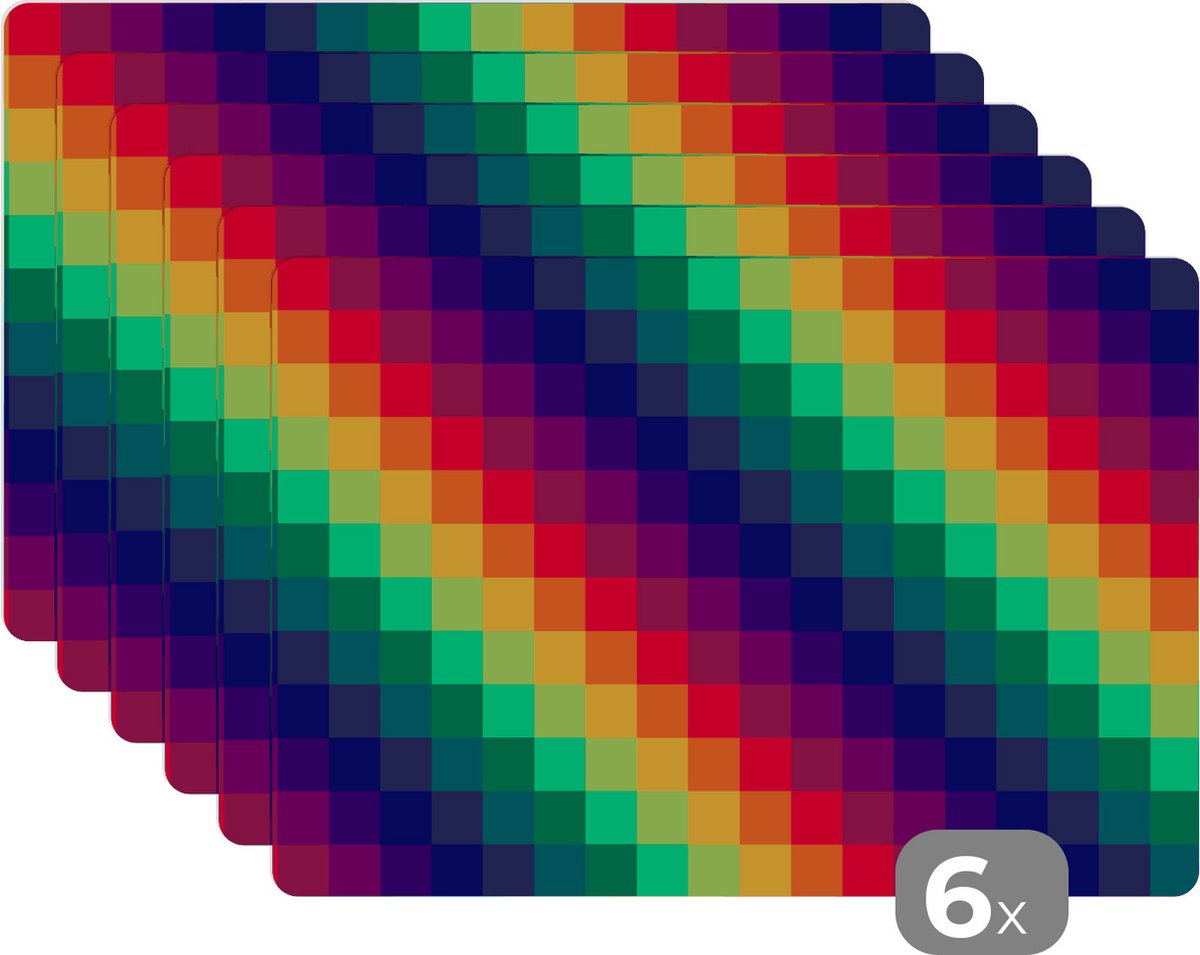 Placemat - Placemats kunststof - Regenboog - Patronen - Pixel - 45x30 cm - 6 stuks - Hittebestendig - Anti-Slip - Onderlegger - Afneembaar