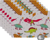 Placemat - Placemats kunststof - Patronen - Dino - Kleuren - Jongens - Kinderen - Kids - Kind - 45x30 cm - 6 stuks - Hittebestendig - Anti-Slip - Onderlegger - Afneembaar