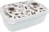 Broodtrommel Wit - Lunchbox - Brooddoos - Patroon - Planten - Zwart - Wit - 18x12x6 cm - Volwassenen