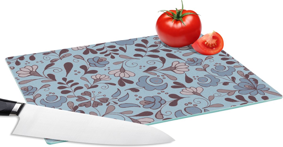 Glazen Snijplank - 28x20 - Patroon - Bloem - Grijs - Blauw - Snijplanken Glas