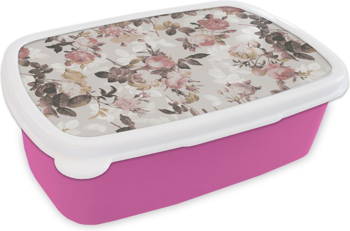 Broodtrommel Roze - Lunchbox - Brooddoos - Patroon - Bloem - Roze - 18x12x6 cm - Kinderen - Meisje