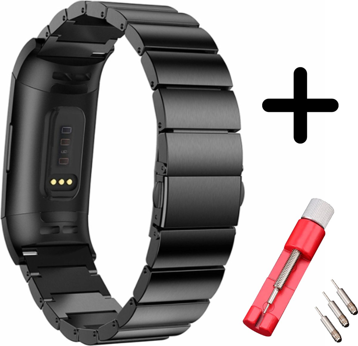 Strap-it bandje metaal zwart + toolkit geschikt voor Fitbit Charge 3 / 4