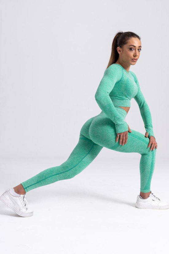 Legging et haut de sport Mives® - Yoga - Ensemble de Fitness - Scrunch Butt - Legging pour femme - Fashion de Vêtements de sport - Leggings tendance - Pantalons - Sports de gym - Legging Fitness Wear - Taille haute - VERT - Taille L - MANCHES LONGUES