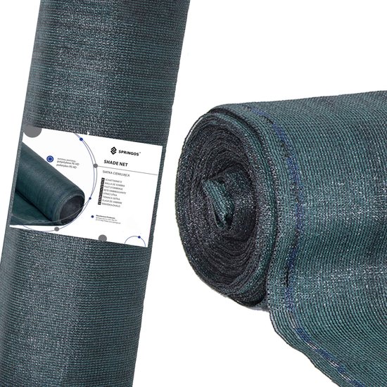 Opgerolde rol groen schaduwdoek, 1,5 x 50 m, 90% schaduw, met productinformatie.
