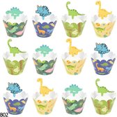 12 stuks Cupcake omslagen dinosaurussen groen-geel-blauw + toppers