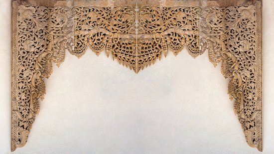 416cm X 290cm - Fotobehang - Houten ornamenten uit het Verre Oosten, Aanrader voor uw muur, in 11 maten, incl behanglijm