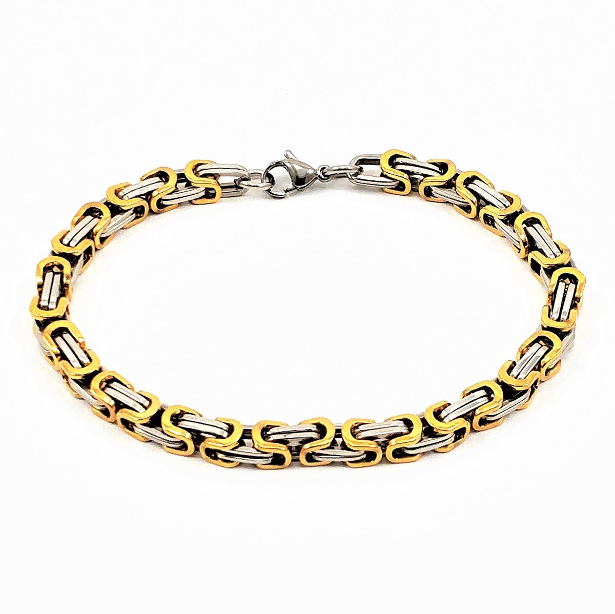 Vierkant Koningsarmband Heren – zilverkleurig-goudkleurige Stalen Schakelarmband – 5 mm