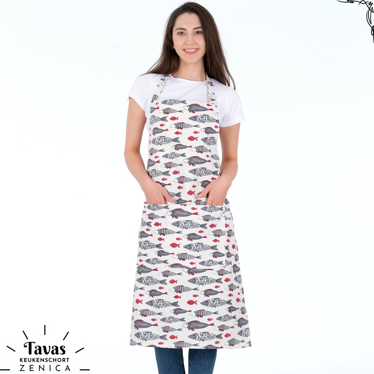 Zenica Keukenschort Kookschort met zakken Keukenschort dames Keukenschort voor vrouwen 65x95 cm Vissen, Rood-Blauw