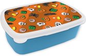 Broodtrommel Blauw - Lunchbox - Brooddoos - Snoep - Halloween - Patronen - 18x12x6 cm - Kinderen - Jongen