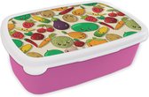 Broodtrommel Roze - Lunchbox - Brooddoos - Kawaii - Patronen - Groente - Fruit - 18x12x6 cm - Kinderen - Meisje