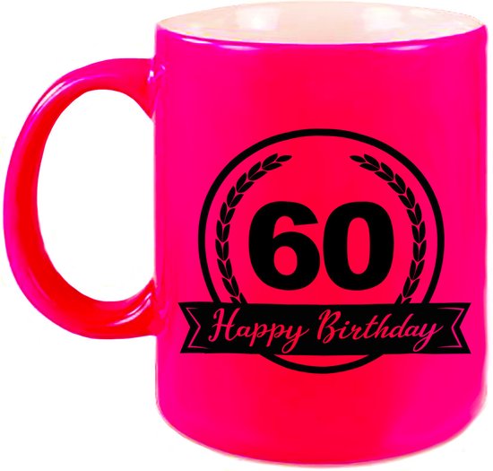 Foto: Happy birthday 60 years cadeau mok beker met wimpel 330 ml neon roze verjaardagscadeau