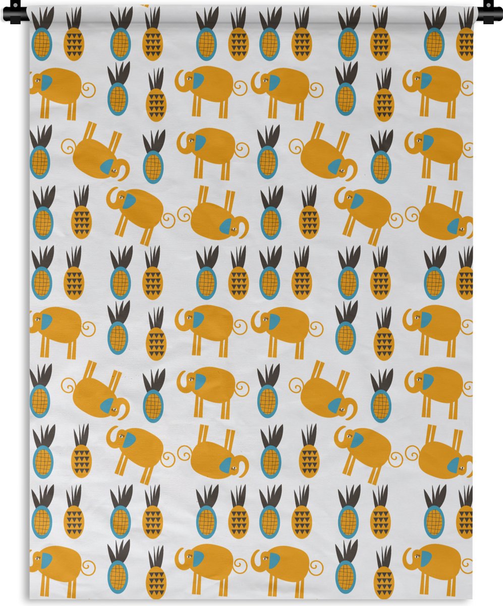 Wandkleed - Wanddoek - Olifant - Ananas - Geel - Patroon - 120x160 cm - Wandtapijt