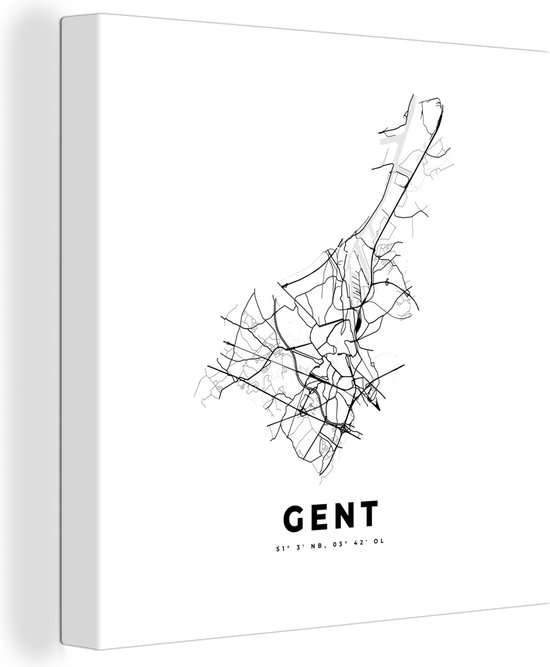 Canvas Schilderij Plattegrond – Gent – België - Zwart Wit – Stadskaart - Kaart - 20x20 cm - Wanddecoratie