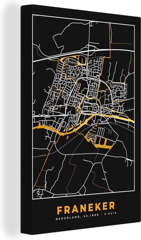 Canvas Schilderij Franeker - Plattegrond - Stadskaart - Kaart - Black and Gold - 60x90 cm - Wanddecoratie