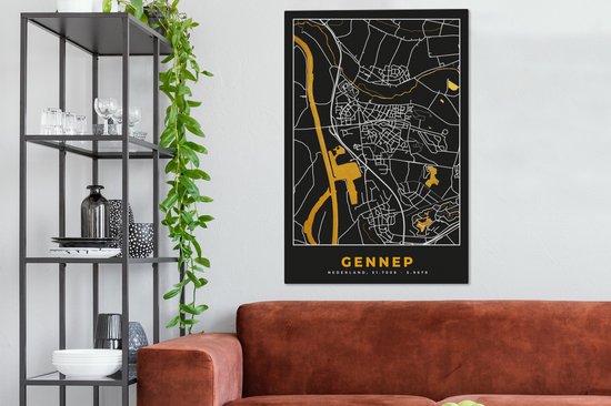 Tableau sur Toile Gennep - Plan de Ville - Black and Gold et Or - Carte - Carte - 80x120 cm - Décoration murale