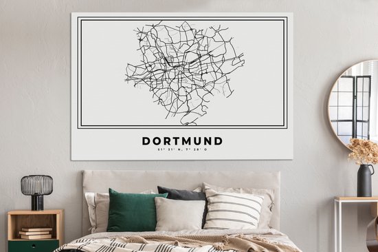 Canvas schilderij 150x100 cm - Wanddecoratie Stadskaart – Plattegrond – Duitsland – Zwart Wit – Dortmund – Kaart - Muurdecoratie woonkamer - Slaapkamer decoratie - Kamer accessoires - Schilderijen