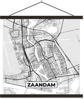 Posterhanger incl. Poster 120x120 cm - Schoolplaat - Zaandam - Stadskaart - Zwart Wit - Plattegrond - Kaart - Textielposter - Zwarte latten - Plattegrond
