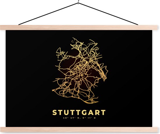 Posterhanger incl. Poster - Schoolplaat - Stuttgart - Black & gold - Kaart - Stadskaart - Plattegrond - 150x100 cm - Blanke latten - Plattegrond