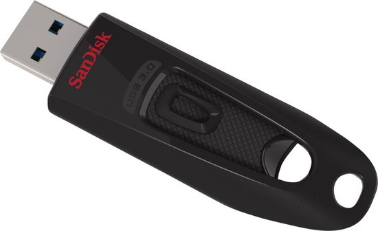 Zwarte SanDisk Cruzer Ultra USB 3.0 stick van 32GB, schuin van voren gezien, met gestructureerd grip-gedeelte en sleutelhangergat.