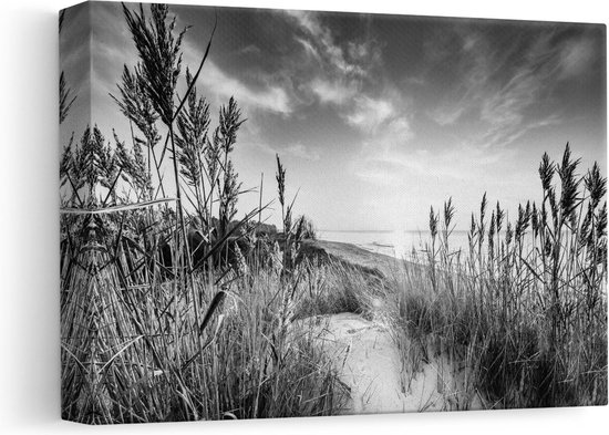 Artaza Canvas Schilderij Strand en Zee vanuit Duinen met Zonsondergang - Zwart Wit - 30x20 cm - Klein - Wanddecoratie Woonkamer - Schilderijen - Muurdecoratie