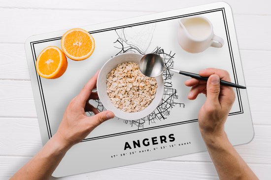 Set de table - Napperons plastique - France - Plan de la ville - Wit Zwart - Angers - Carte - Carte - 45x30 cm - 6 pièces - Résistant à la chaleur - Antidérapant - Sous-couche - Amovible