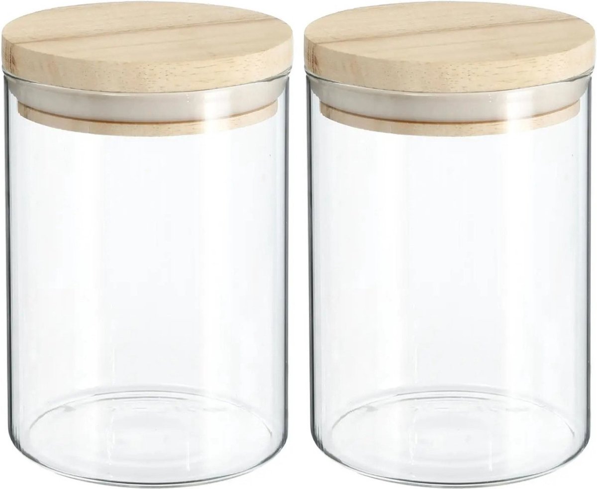 2x stuks voorraadbussen/voorraadpotten 0,6L glas met houten deksel - 600 ml - Voorraadpotten met luchtdichte deksel