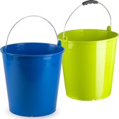 Groene en blauwe schoonmaakemmers/huishoudemmers set 15 liter en 32 x 31 cm - set van 2x stuks