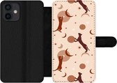 Bookcase iPhone 12 Mini telefoonhoesje - Patronen - Kat - Maan - Pastel - Meisjes - Kinderen - Kids - Met vakjes - Wallet case met magneetsluiting