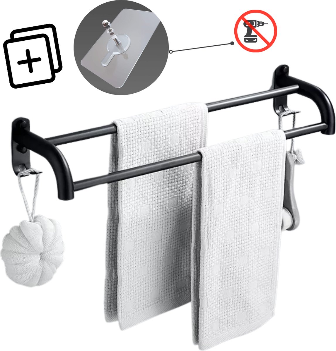 Handdoekrek zwart | Handdoekrek badkamer | Zonder boren of spijkers | Dubbele ronde stang | Handdoekrek zelfklevend | Handdoekstang | Handdoekhouder | Handdoekenrek