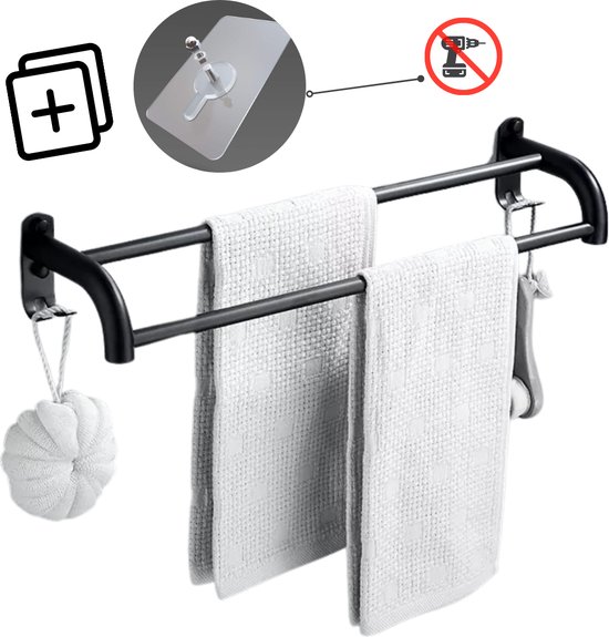 Porte-serviettes noir | Porte-serviettes de bain | Sans perçage ni clous |  Double tige... | bol.com