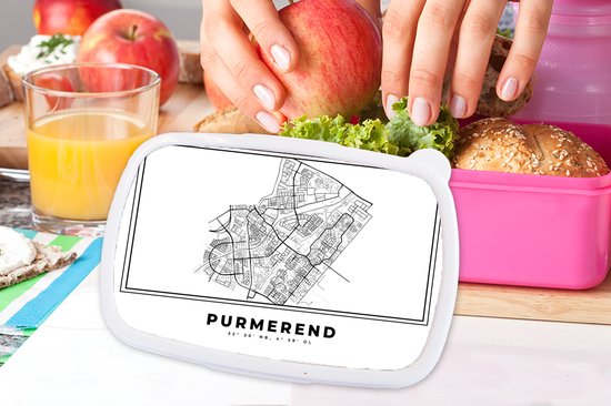 Breadbox Pink - Lunchbox - Breadbox - Plan de la ville - Zwart Wit - Carte - Purmerend - Pays- Nederland - Carte - 18x12x6 cm - Enfants - Fille