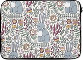 Laptophoes 14 inch - Konijn - Bloemen - regenboog - Kinderen - Design - Laptop sleeve - Binnenmaat 34x23,5 cm - Zwarte achterkant