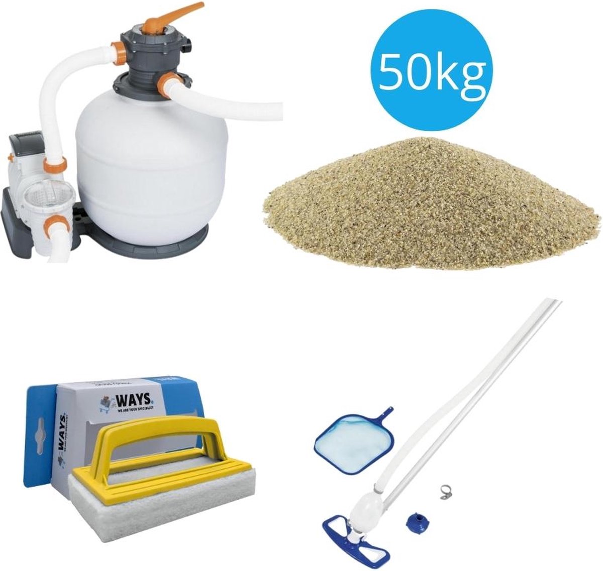 Bol.com Bestway - Zwembadstofzuiger AquaClean & Zandfilterpomp 8327 L/u & Filterzand 50 kg & WAYS Scrubborstel aanbieding