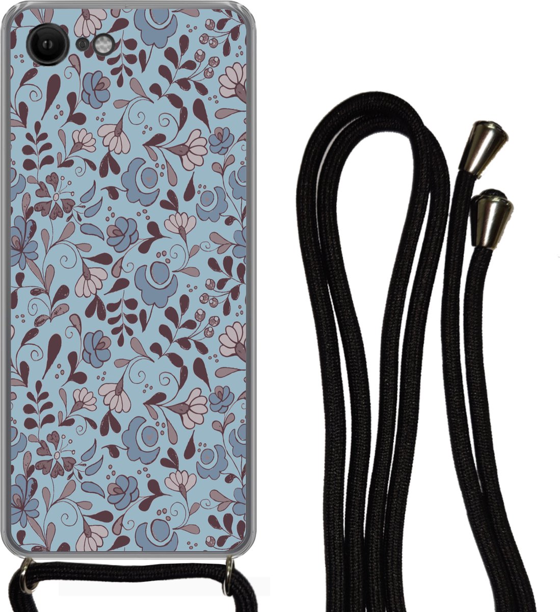 Telefoonhoesje Geschikt voor iPhone 7 - Patroon - Bloem - Grijs - Blauw - Siliconen - Crossbody - Backcover met Koord - Telefoonhoesje met koord - Hoesje met touw Telefoonhoesje