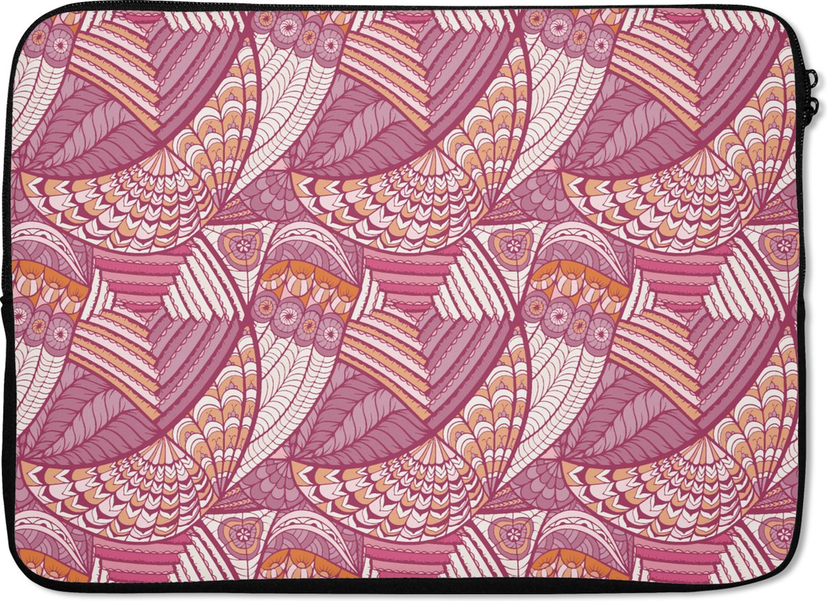 Laptophoes 14 inch - Meiden - Veren - Roze - Patronen - Girl - Kids - Kinderen - Laptop sleeve - Binnenmaat 33x23 cm - Zwarte achterkant
