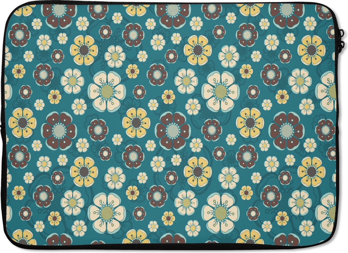 Laptophoes 14 inch - Retro - Bloemen - Patronen - Blauw - Laptop sleeve - Binnenmaat 33x23 cm - Zwarte achterkant