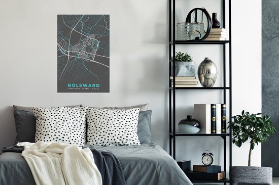 Poster 60x90 cm - Bolsward - Blauw - Kaart - Stadskaart - Plattegrond - Posters - Kamer decoratie - Wanddecoratie woonkamer - Muurdecoratie slaapkamer