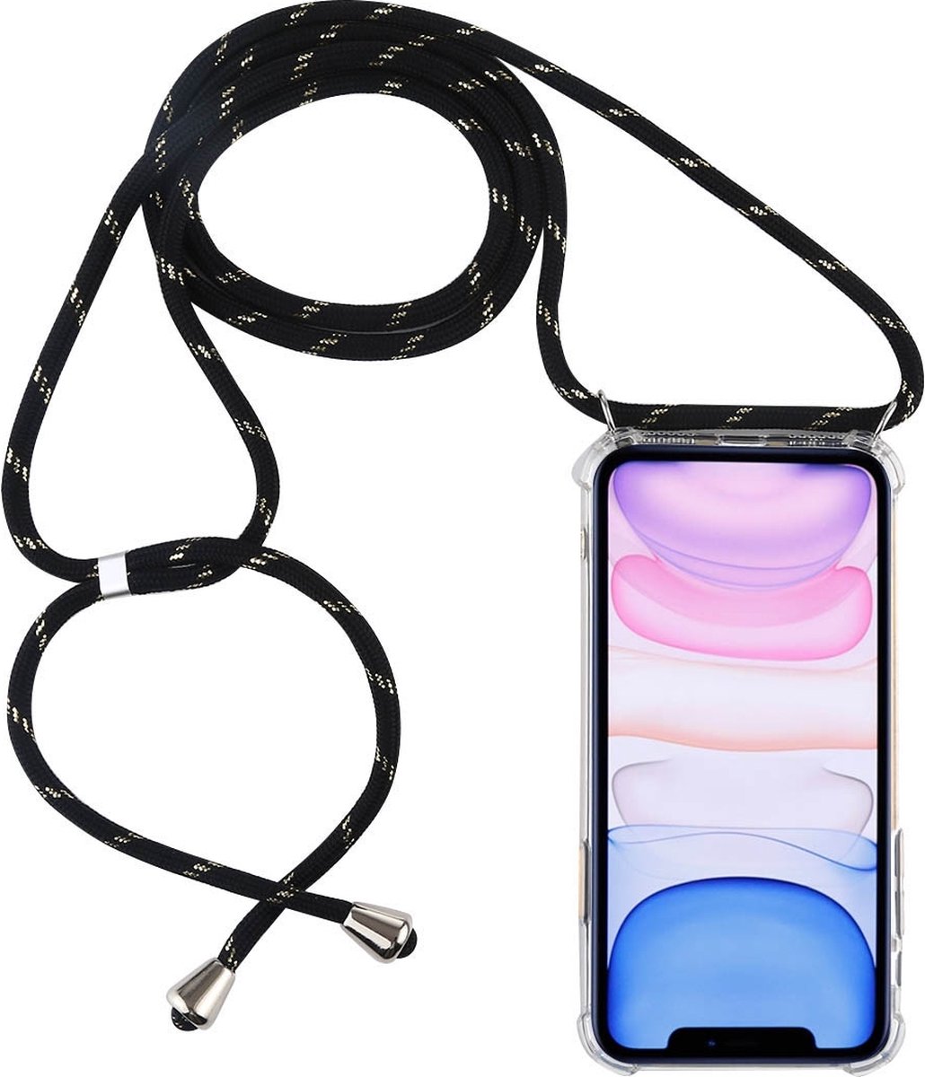 Mobigear Telefoonhoesje geschikt voor Apple iPhone 11 Flexibel TPU | Mobigear Lanyard Hoesje met koord - Transparant / Zwart